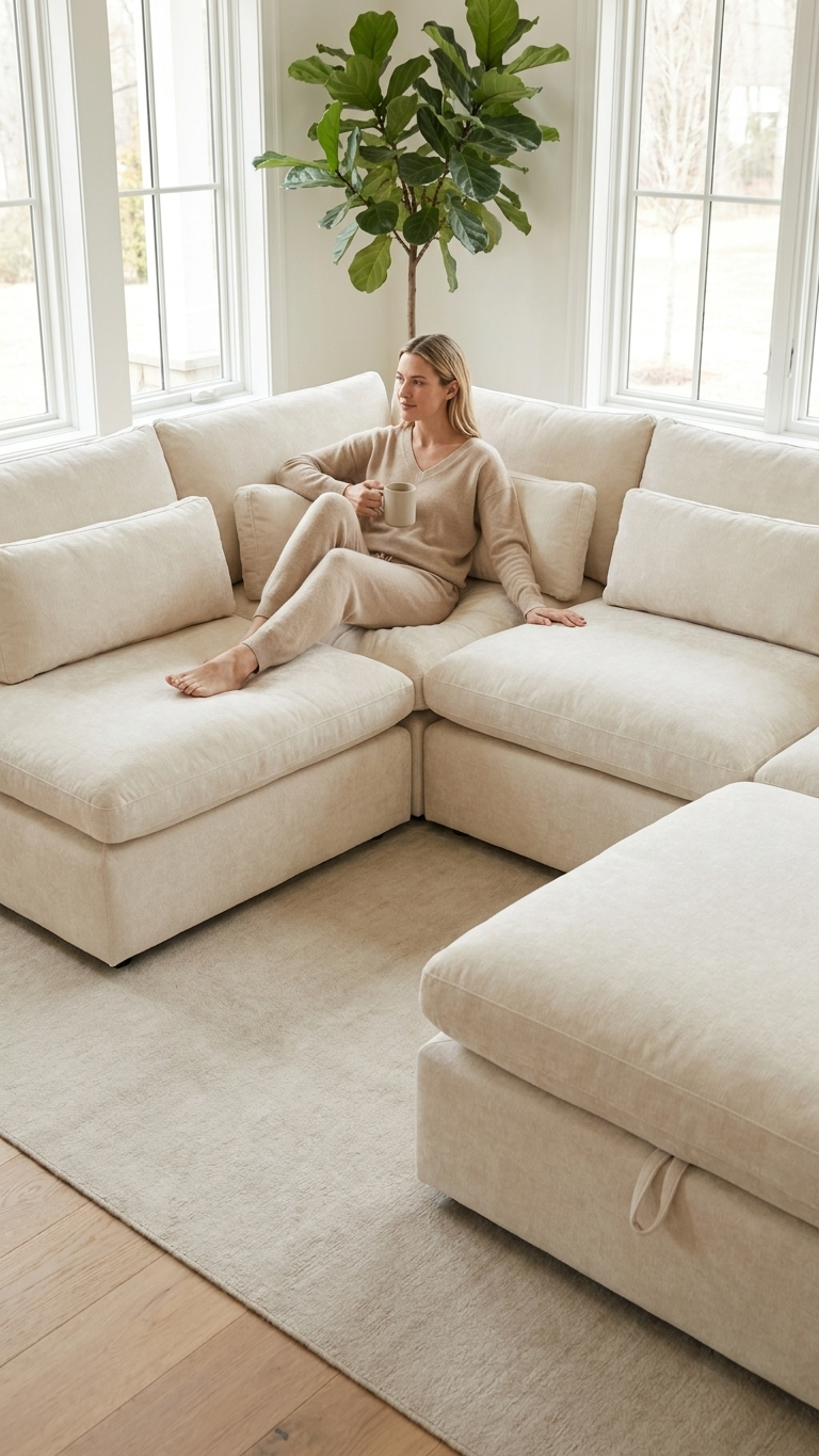 Luxe Cloud 2.0 cream modular sectional in a bright room